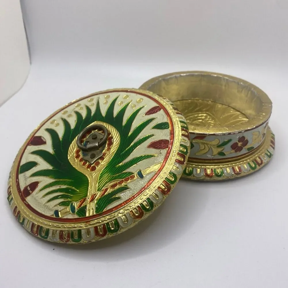 Round Wood Meenakari Box, (5.5”Multicolor Foiled) by JHC